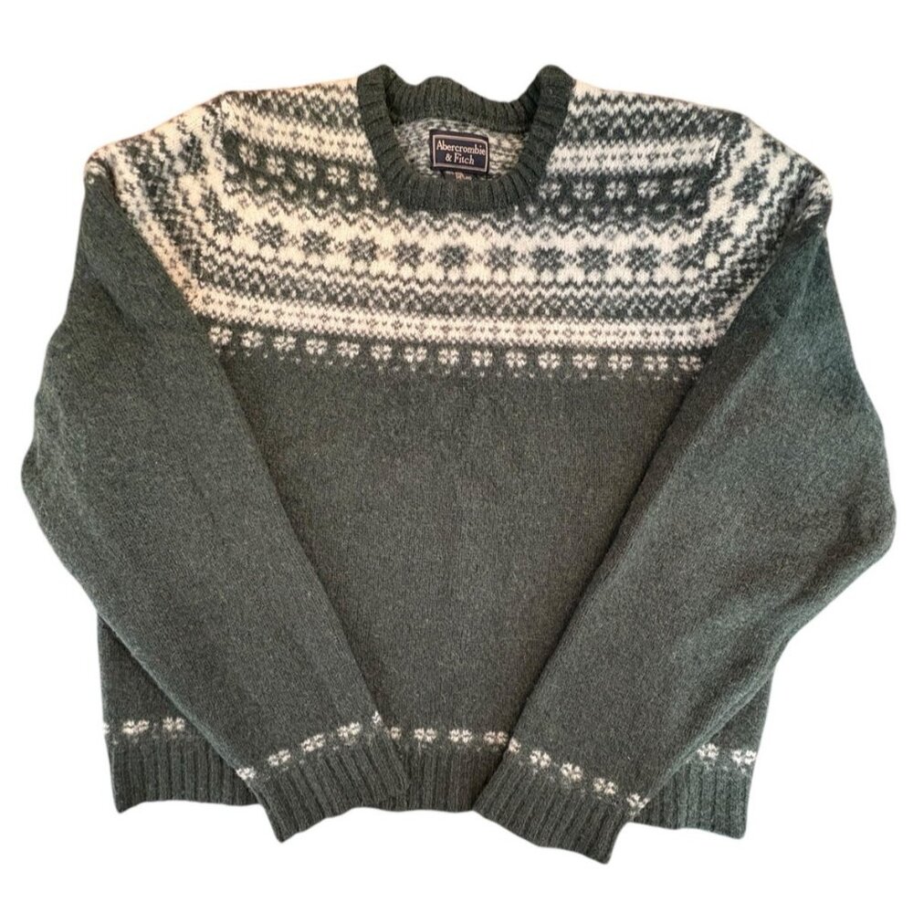 Vintage Abercrombie & Fitch Green and White Fair Isle Wool Sweater